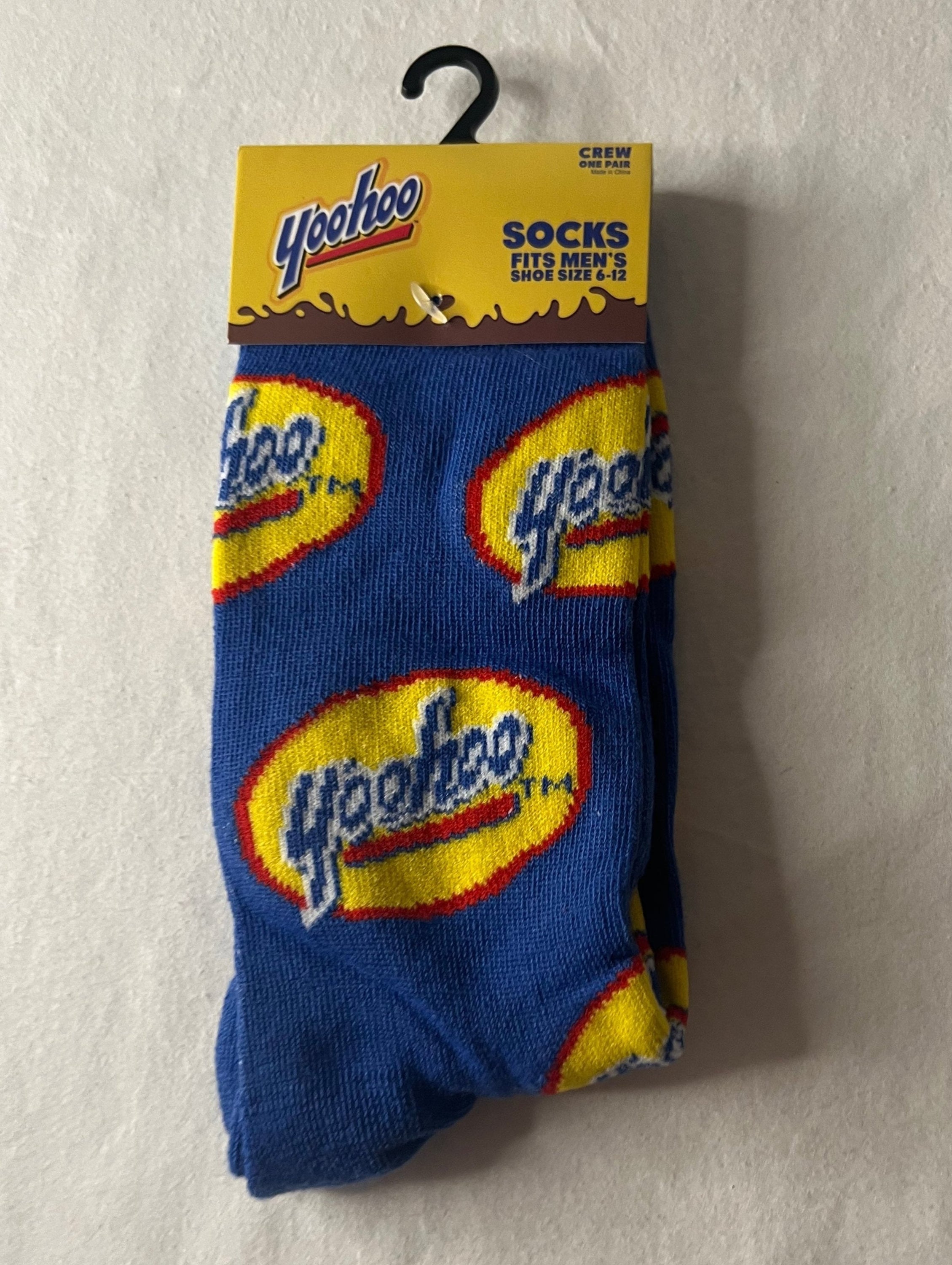 A pair of YOOHOO Crew Socks in blue, yellow, and red colors, showcasing their vibrant design and comfortable fit.