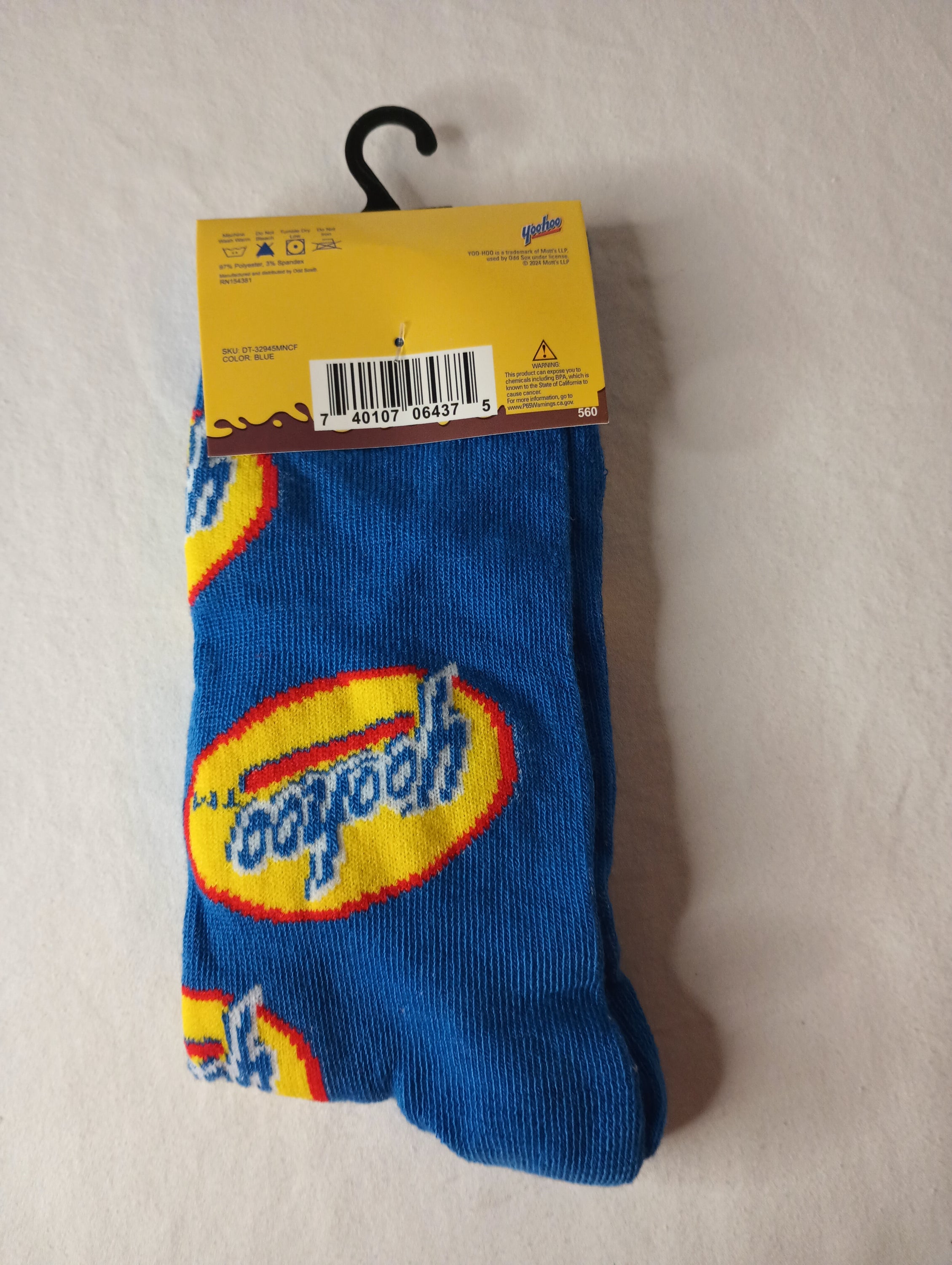 A pair of YOOHOO Crew Socks in blue, yellow, and red colors, showcasing their vibrant design and comfortable fit.