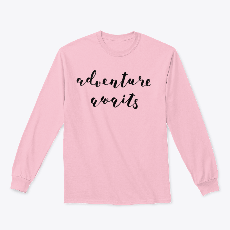 A stylish cotton-polyester blend shirt featuring the inspiring quote 'Adventure Awaits' in beautiful hand lettering, perfect for motivation.