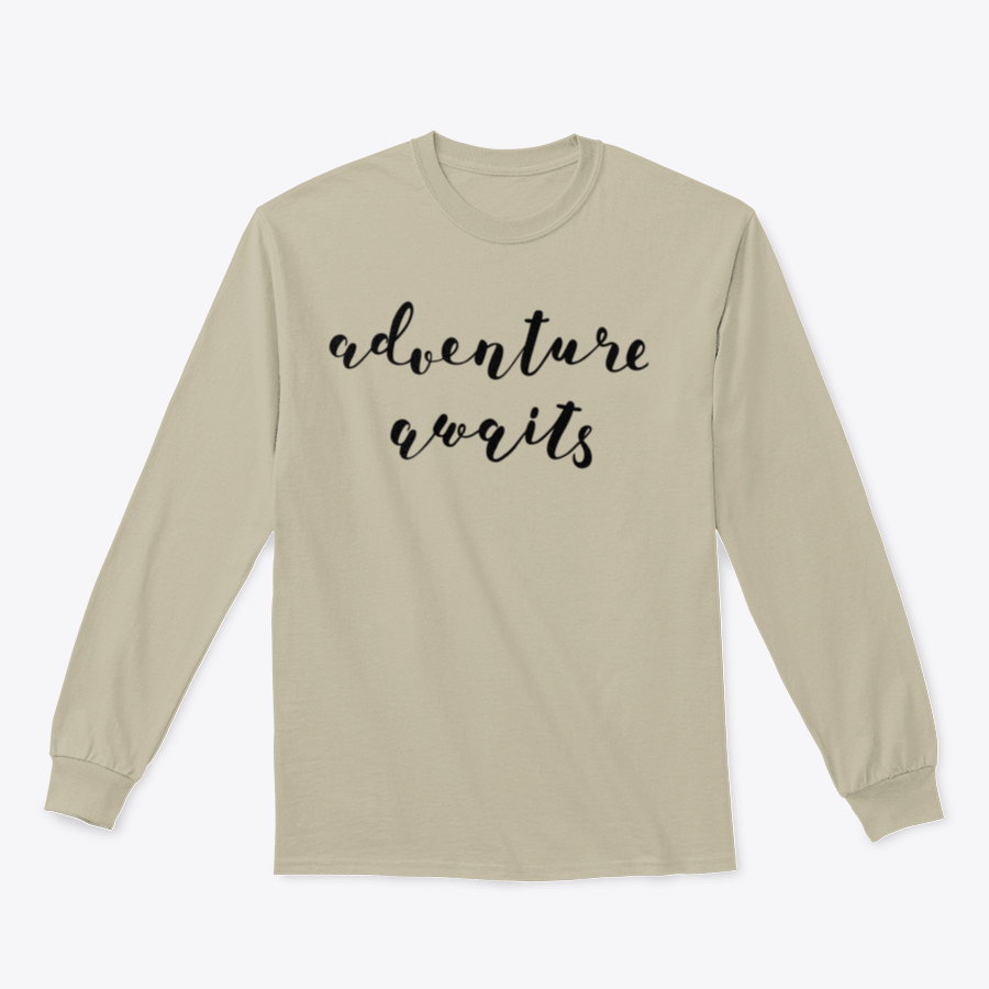 A stylish cotton-polyester blend shirt featuring the inspiring quote 'Adventure Awaits' in beautiful hand lettering, perfect for motivation.