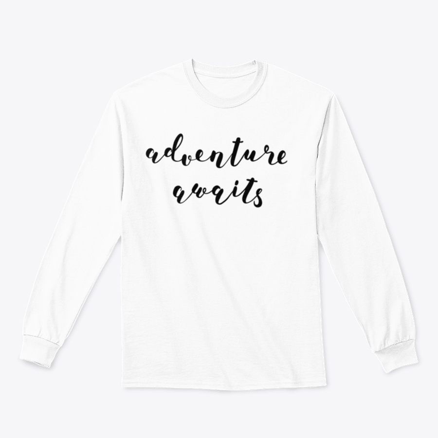 A stylish cotton-polyester blend shirt featuring the inspiring quote 'Adventure Awaits' in beautiful hand lettering, perfect for motivation.