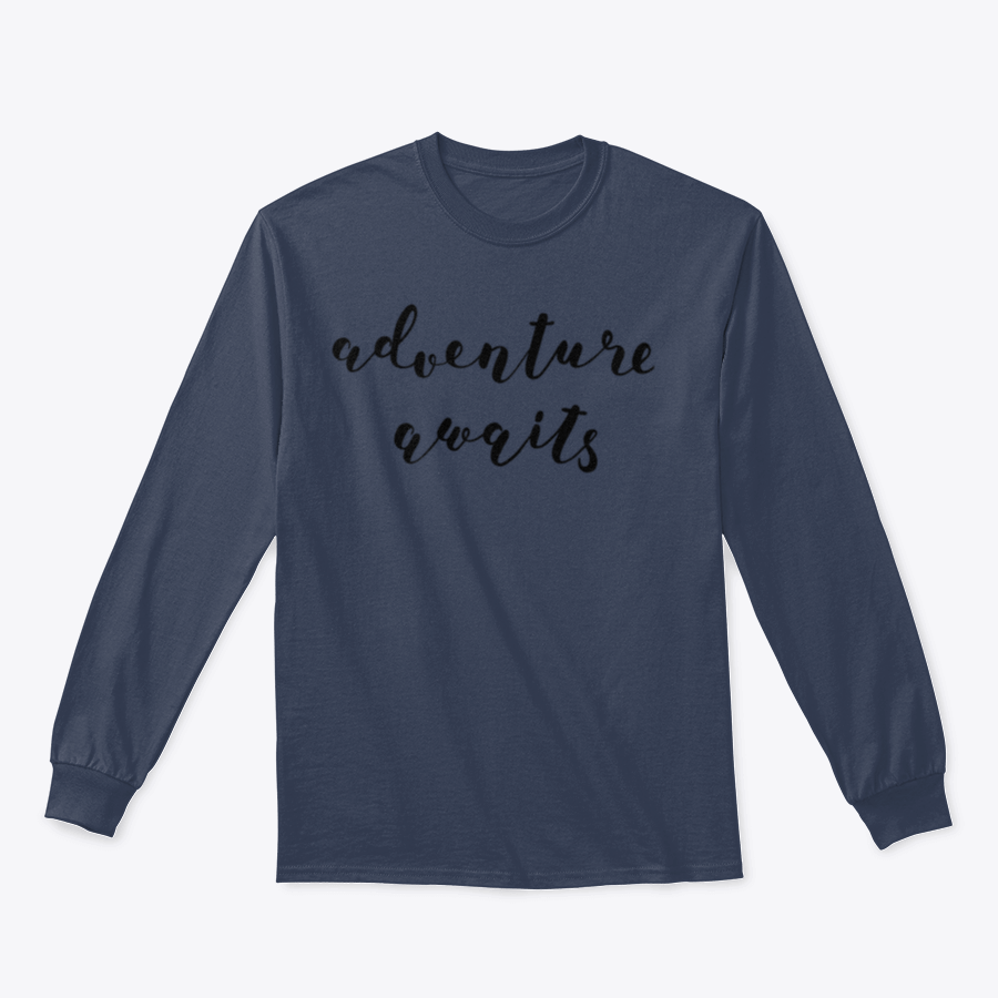 A stylish cotton-polyester blend shirt featuring the inspiring quote 'Adventure Awaits' in beautiful hand lettering, perfect for motivation.