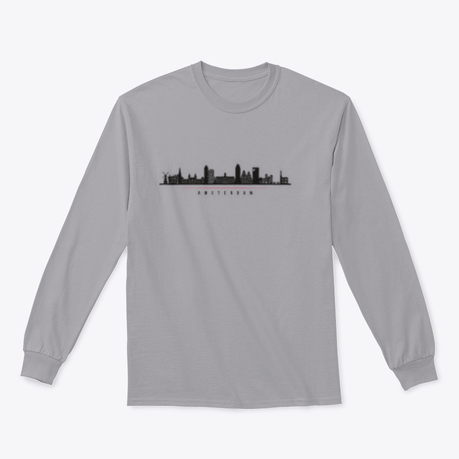 Black and white silhouette of Amsterdam city skyline displayed on a horizontal banner, showcasing iconic buildings and structures.