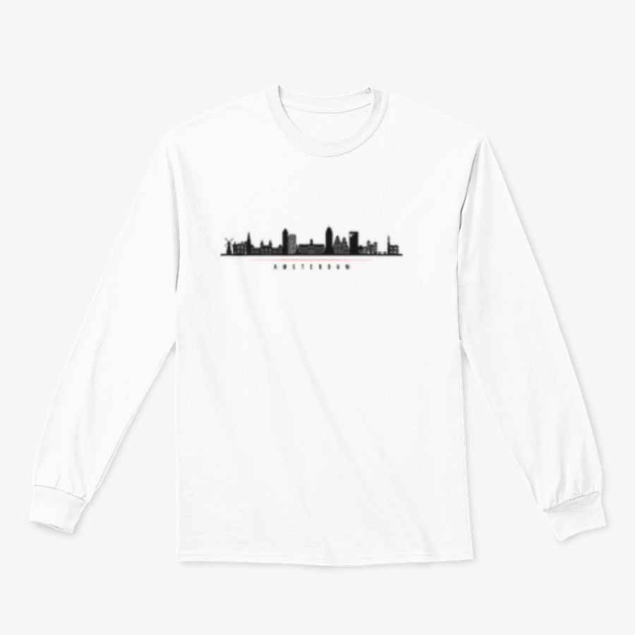 Black and white silhouette of Amsterdam city skyline displayed on a horizontal banner, showcasing iconic buildings and structures.