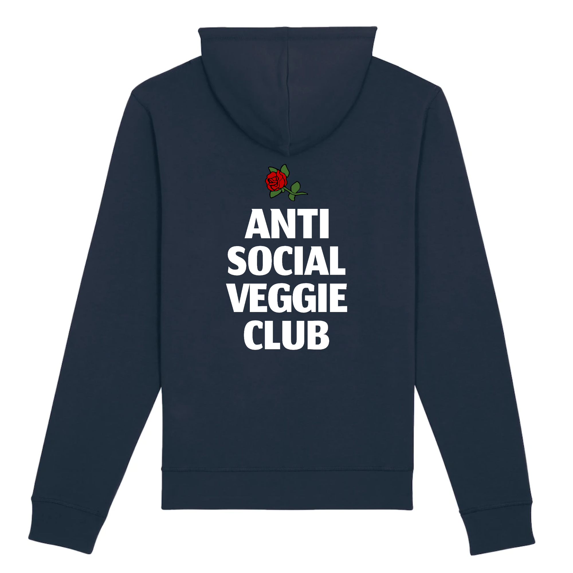 A stylish unisex hoodie featuring the Anti Social Veggie Club logo, made from organic cotton and recycled polyester, showcasing eco-friendly design.