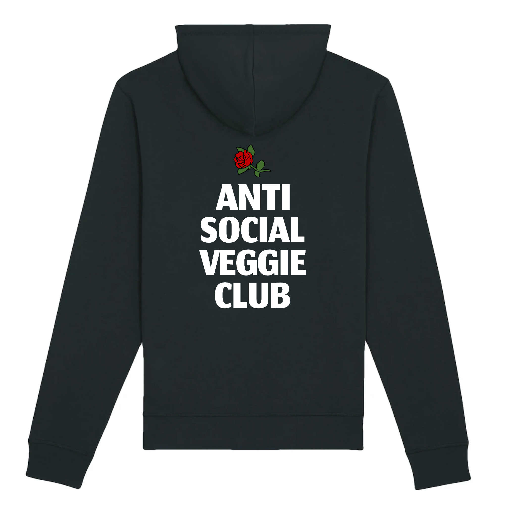 A stylish unisex hoodie featuring the Anti Social Veggie Club logo, made from organic cotton and recycled polyester, showcasing eco-friendly design.