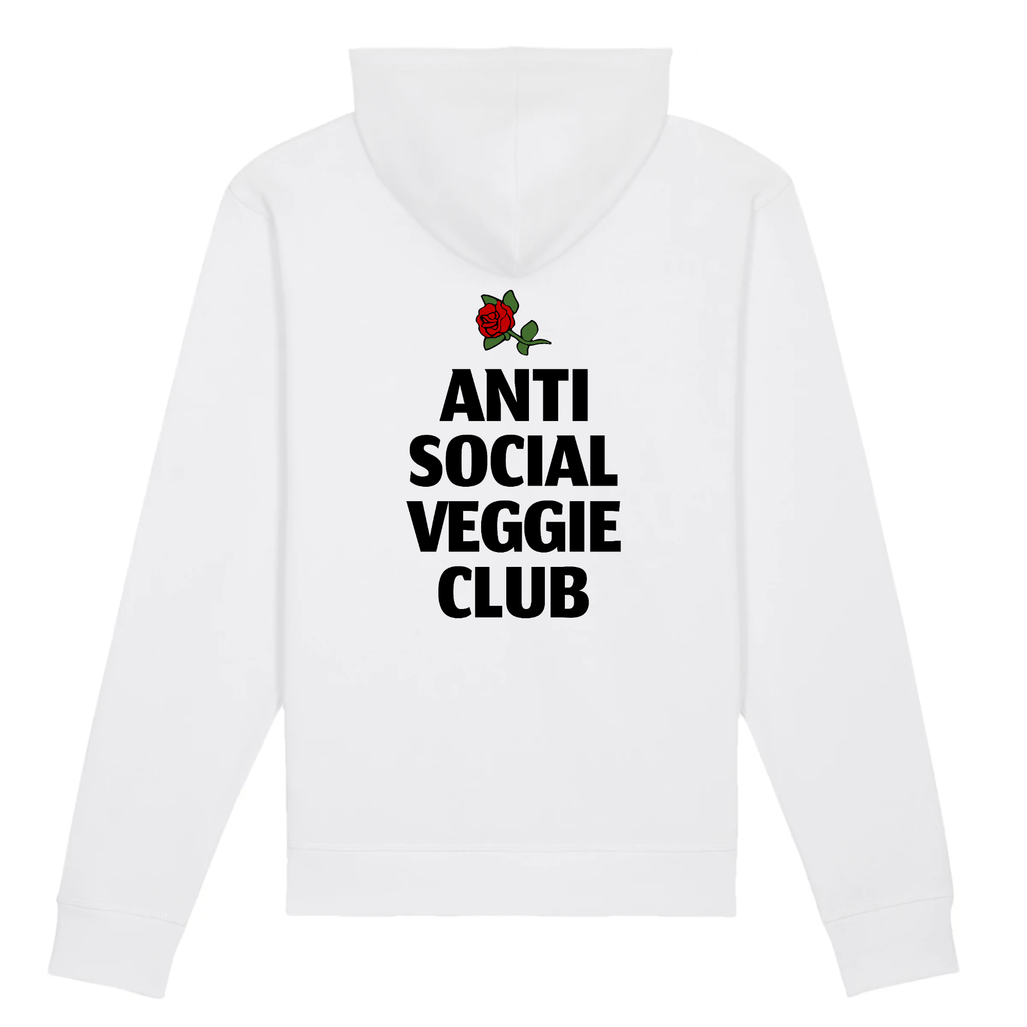 A stylish unisex hoodie featuring the Anti Social Veggie Club logo, made from organic cotton and recycled polyester, showcasing eco-friendly design.