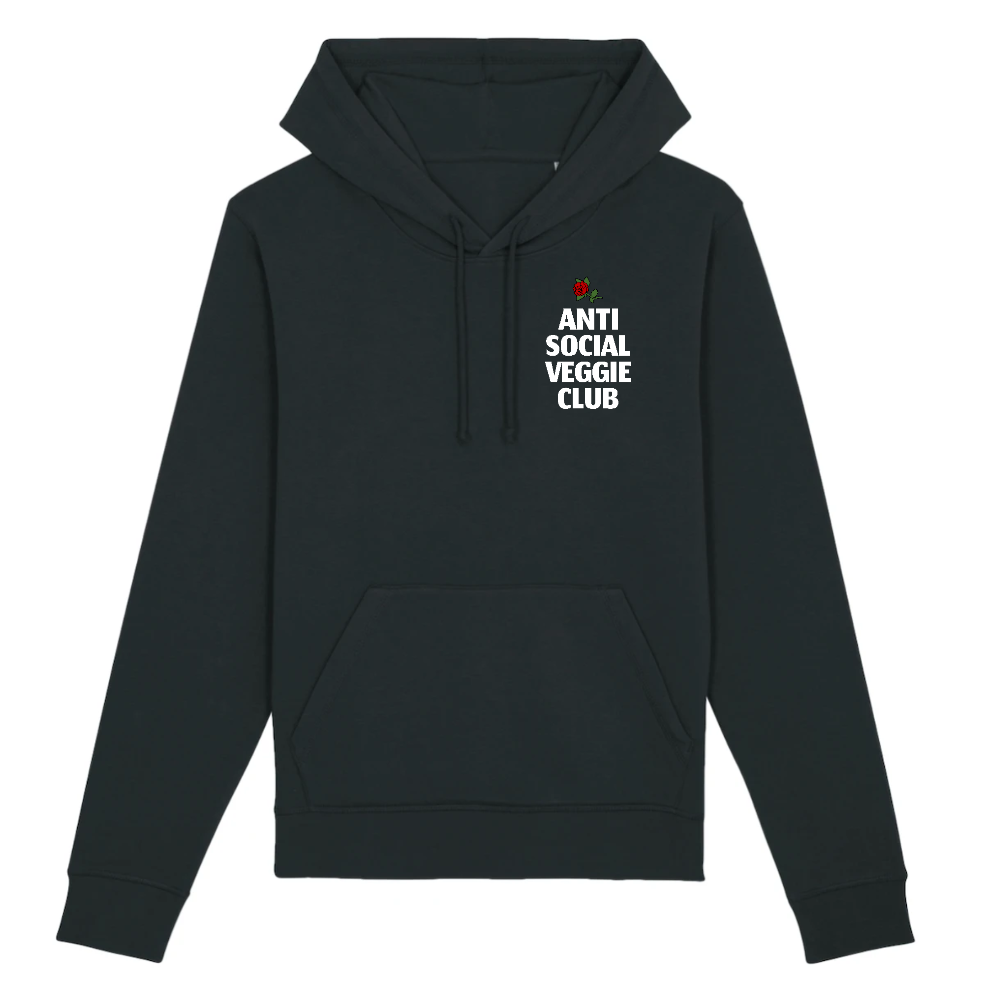 A stylish unisex hoodie featuring the Anti Social Veggie Club logo, made from organic cotton and recycled polyester, displayed against a neutral background.