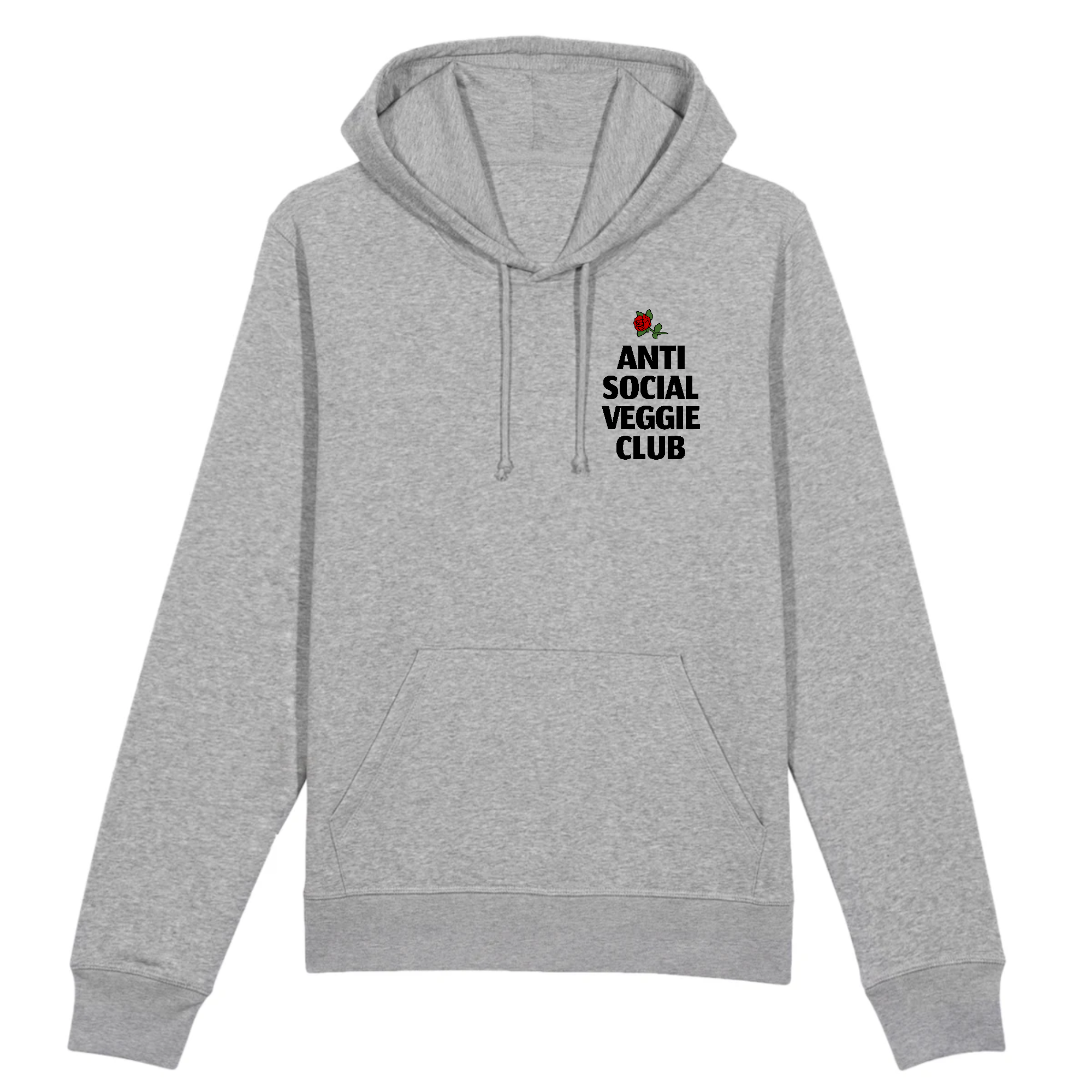 A stylish unisex hoodie featuring the Anti Social Veggie Club logo, made from organic cotton and recycled polyester, displayed against a neutral background.