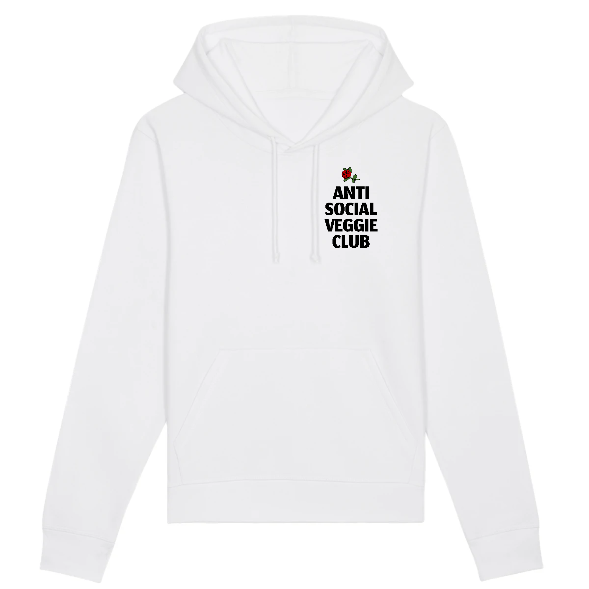 A stylish unisex hoodie featuring the Anti Social Veggie Club logo, made from organic cotton and recycled polyester, displayed against a neutral background.