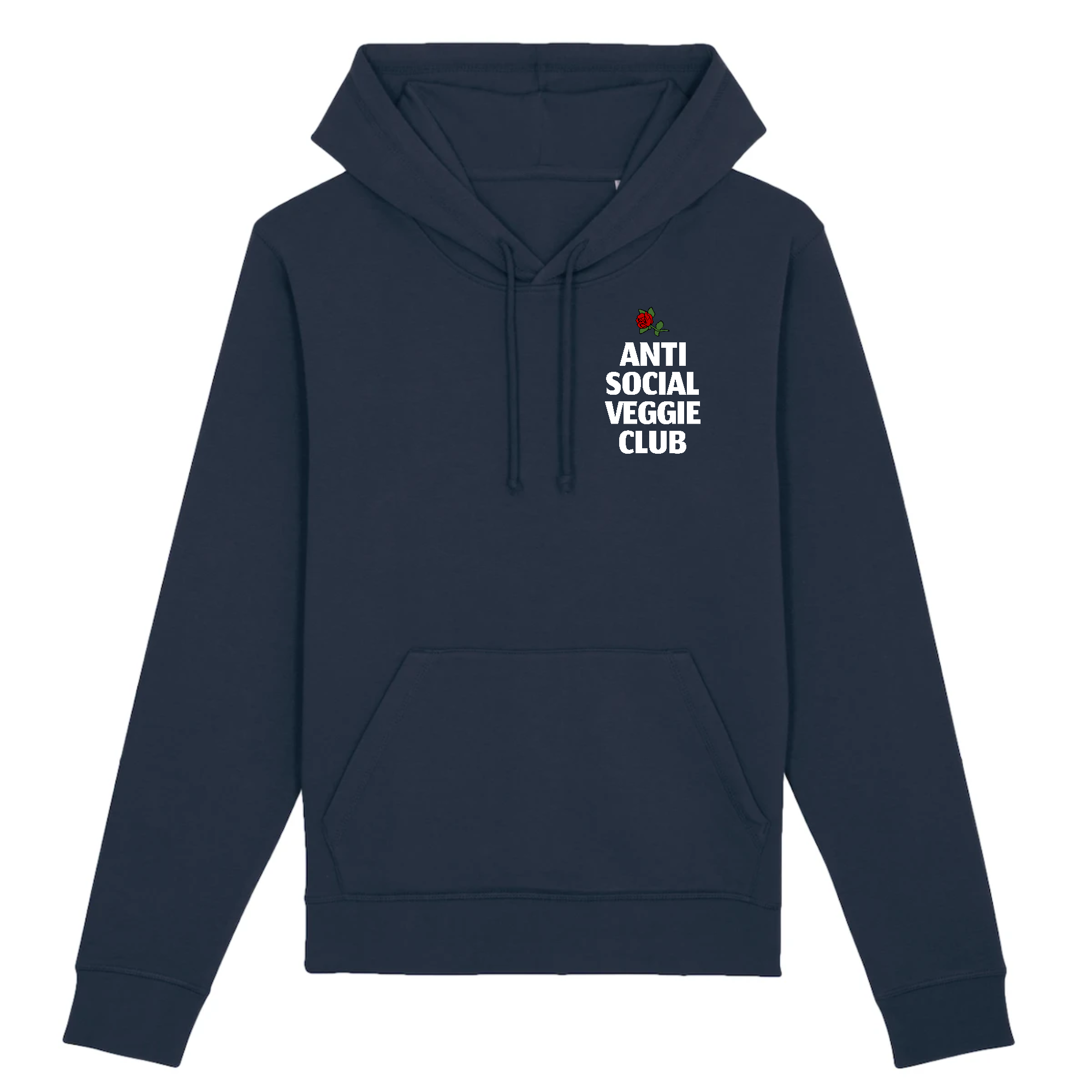 A stylish unisex hoodie featuring the Anti Social Veggie Club logo, made from organic cotton and recycled polyester, displayed against a neutral background.