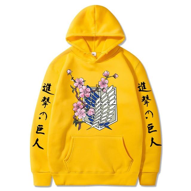 Attack on Titan wing flower printed hoodie featuring a vibrant design, full sleeves, and a hood, made from cotton and polyester blend.