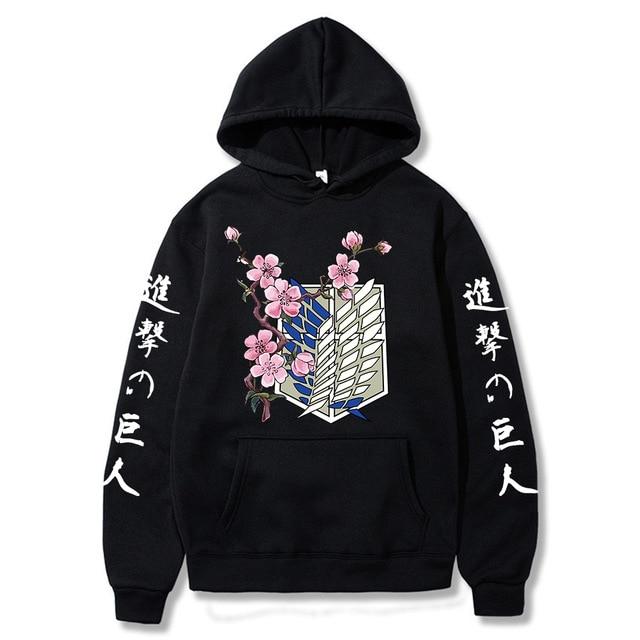 Attack on Titan wing flower printed hoodie featuring a vibrant design, full sleeves, and a hood, made from cotton and polyester blend.