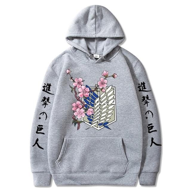 Attack on Titan wing flower printed hoodie featuring a vibrant design, full sleeves, and a hood, made from cotton and polyester blend.