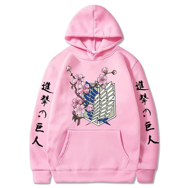 Attack on Titan wing flower printed hoodie featuring a vibrant design, full sleeves, and a hood, made from cotton and polyester blend.