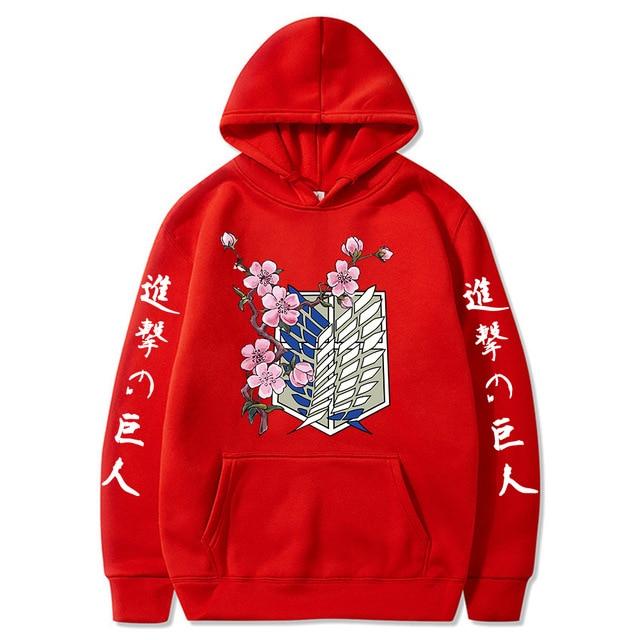 Attack on Titan wing flower printed hoodie featuring a vibrant design, full sleeves, and a hood, made from cotton and polyester blend.