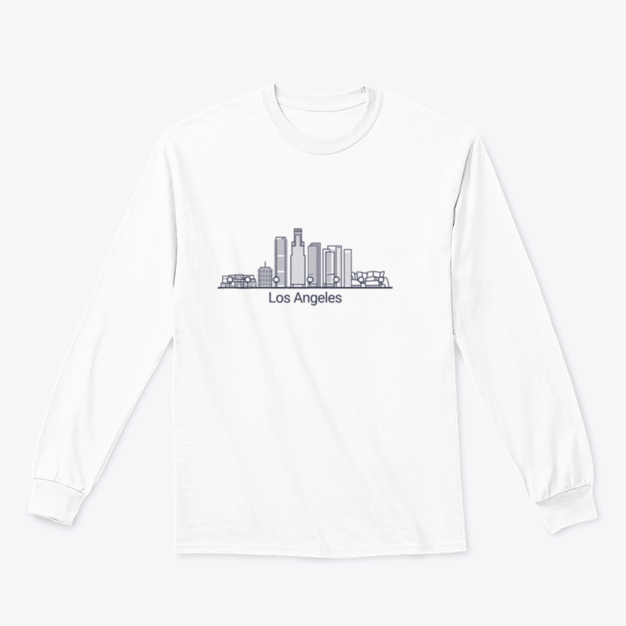 Stylish Banner of Los Angeles City graphic tee in flat line design, showcasing iconic cityscape.