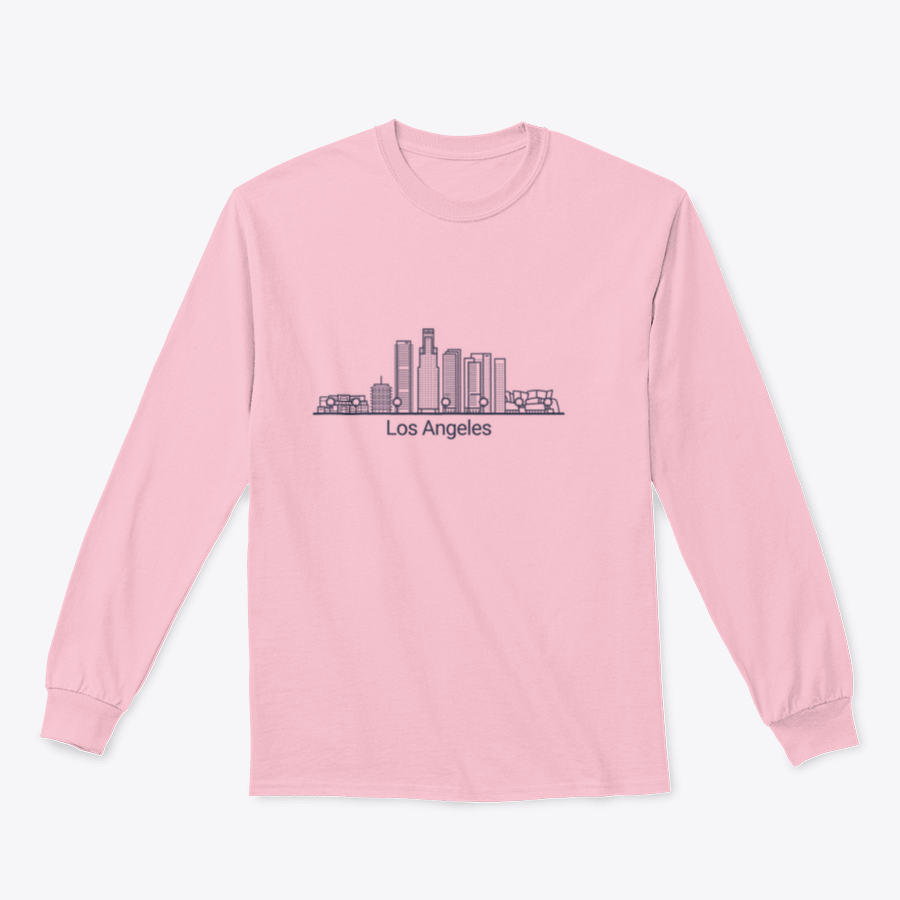 Stylish Banner of Los Angeles City graphic tee in flat line design, showcasing iconic cityscape.