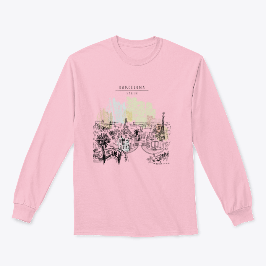 A vibrant apparel featuring Park Guell's panoramic view, showcasing colorful mosaics and scenic landscapes of Barcelona.