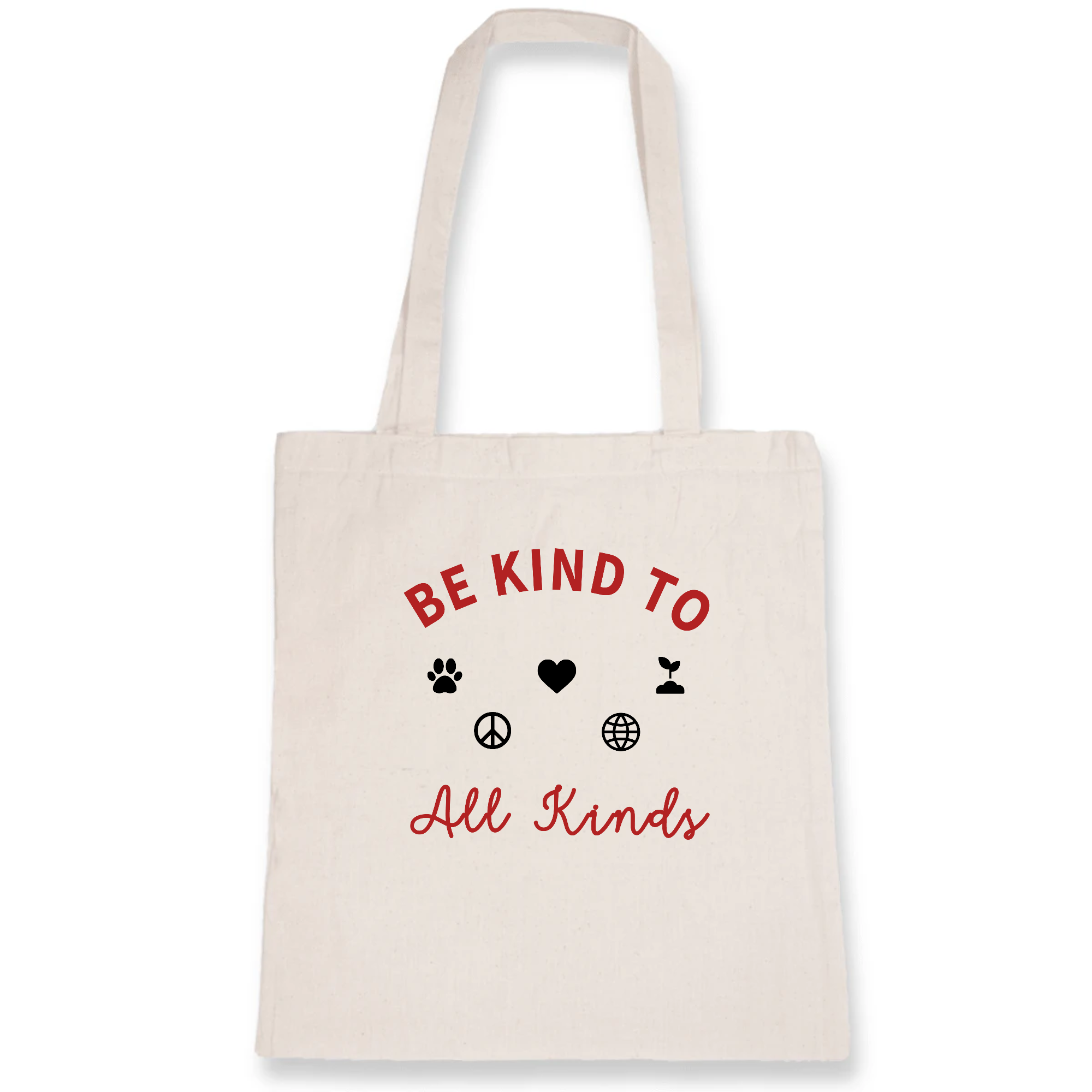 Be Kind to all Kinds Organic Cotton Tote Bag featuring a heart design, made from 100% organic cotton, showcasing eco-friendly printing.