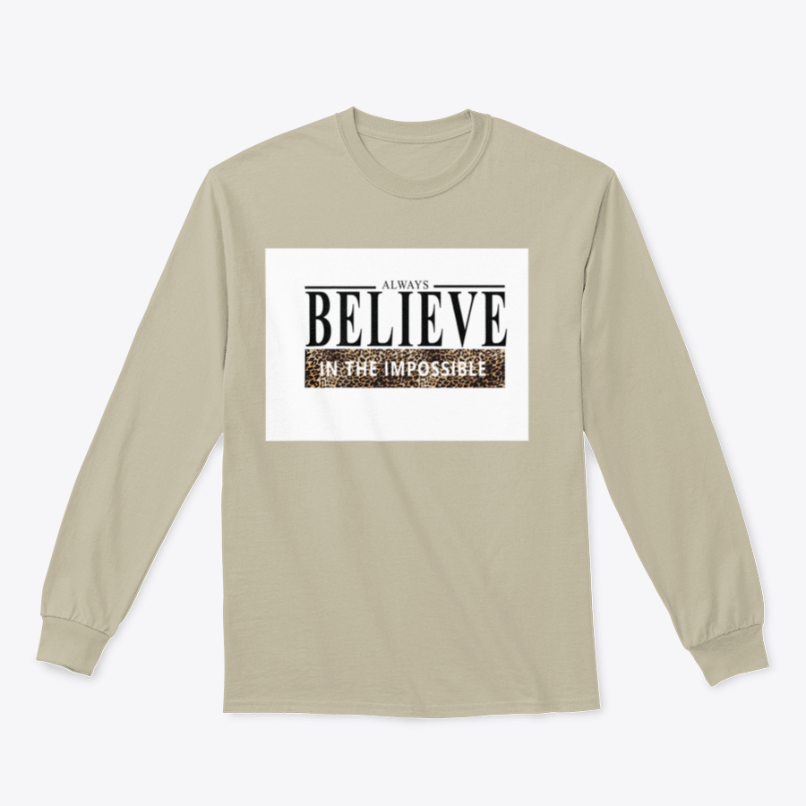 Believe Lettering Word Slogan Design shirt featuring an animal print pattern, made from 100% cotton for comfort.