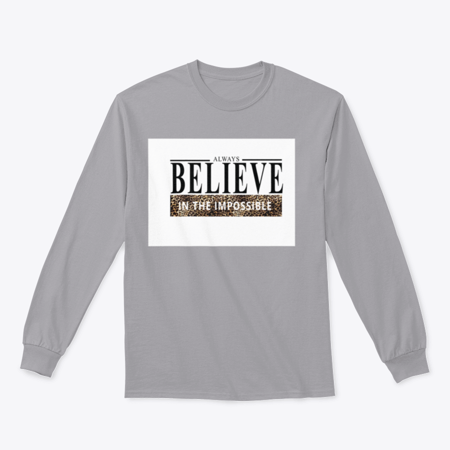 Believe Lettering Word Slogan Design shirt featuring an animal print pattern, made from 100% cotton for comfort.