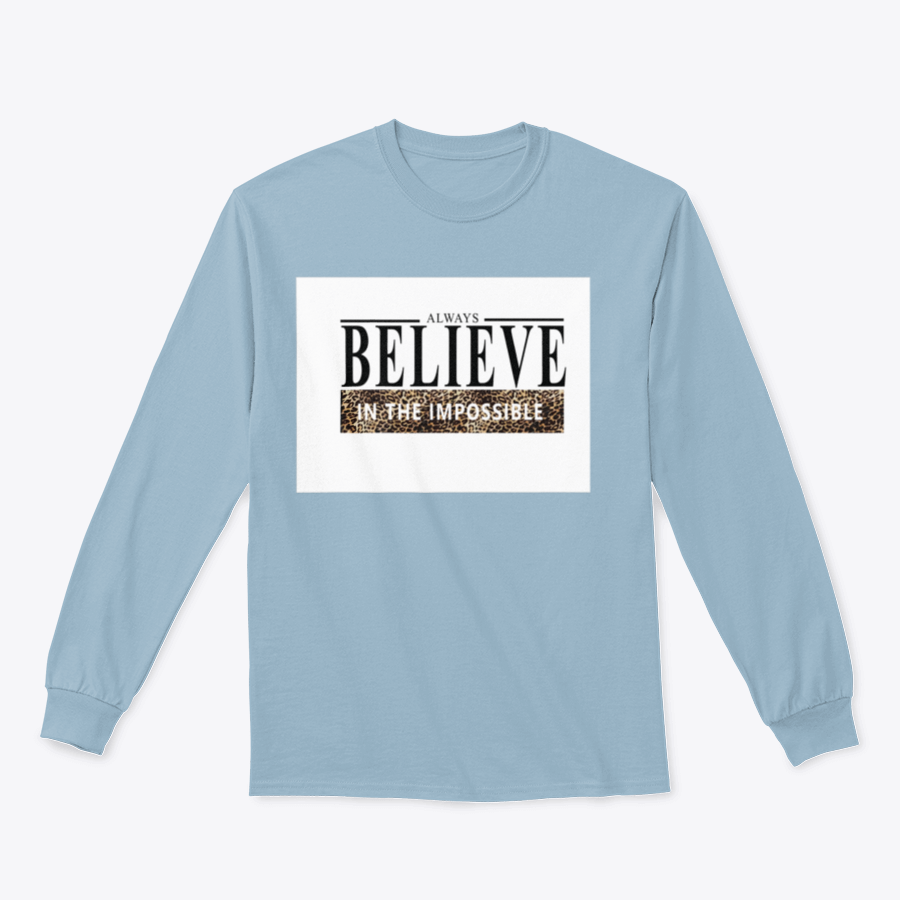 Believe Lettering Word Slogan Design shirt featuring an animal print pattern, made from 100% cotton for comfort.