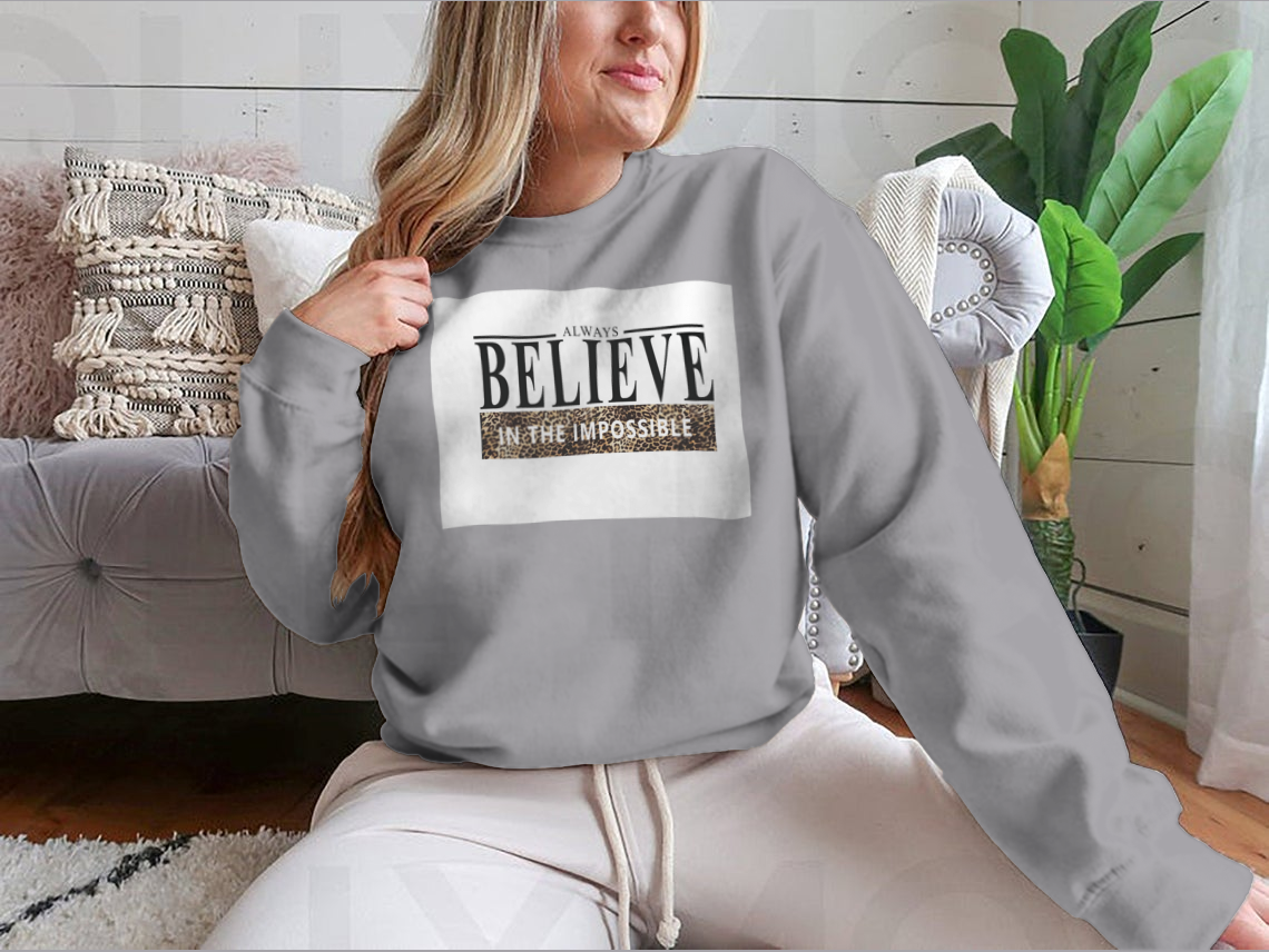 Believe Lettering Word Slogan Design shirt featuring an animal print pattern, made from 100% cotton for comfort.