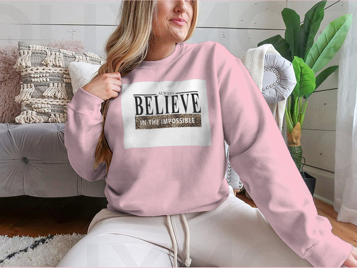 Believe Lettering Word Slogan Design shirt featuring an animal print pattern, made from 100% cotton for comfort.