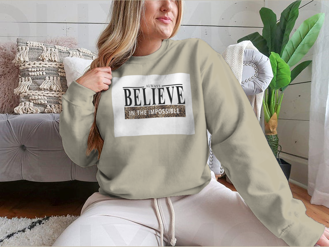 Believe Lettering Word Slogan Design shirt featuring an animal print pattern, made from 100% cotton for comfort.