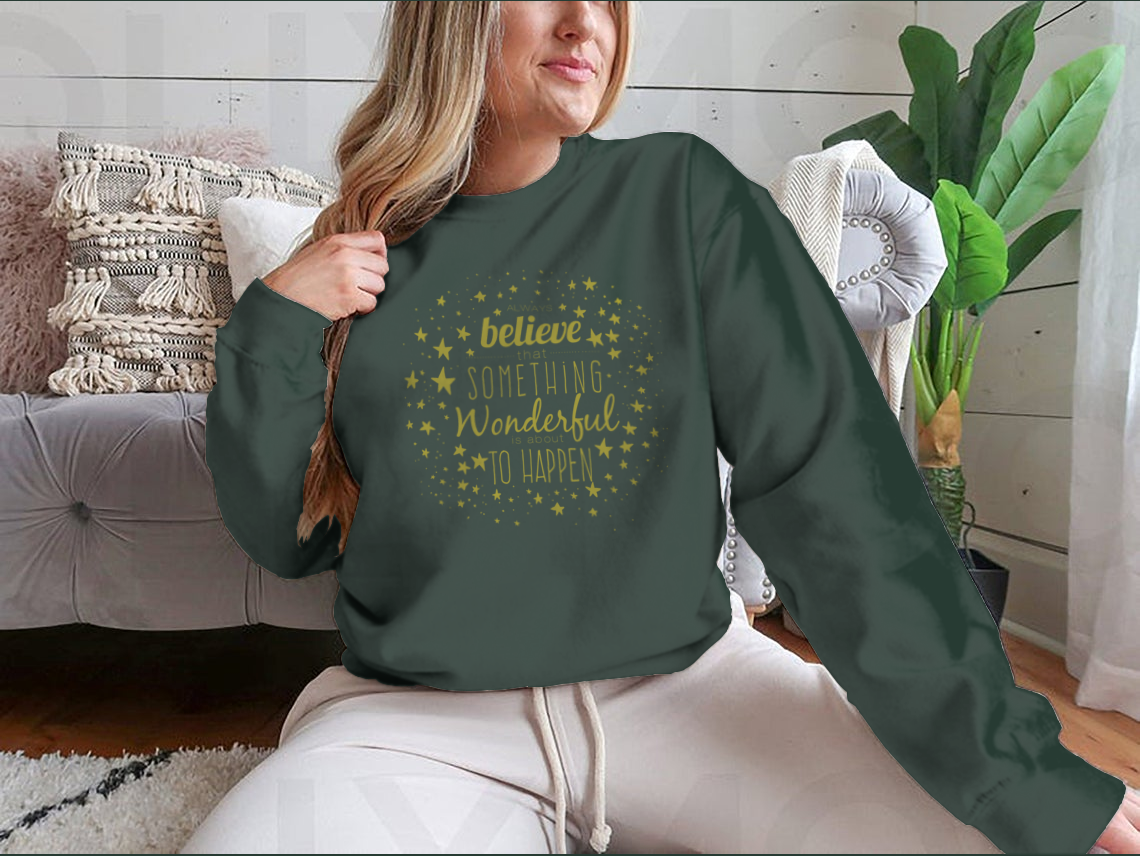 A stylish Believe Something Wonderful To Happen T-Shirt featuring a classic fit and inspirational design, made from a soft cotton-polyester blend.