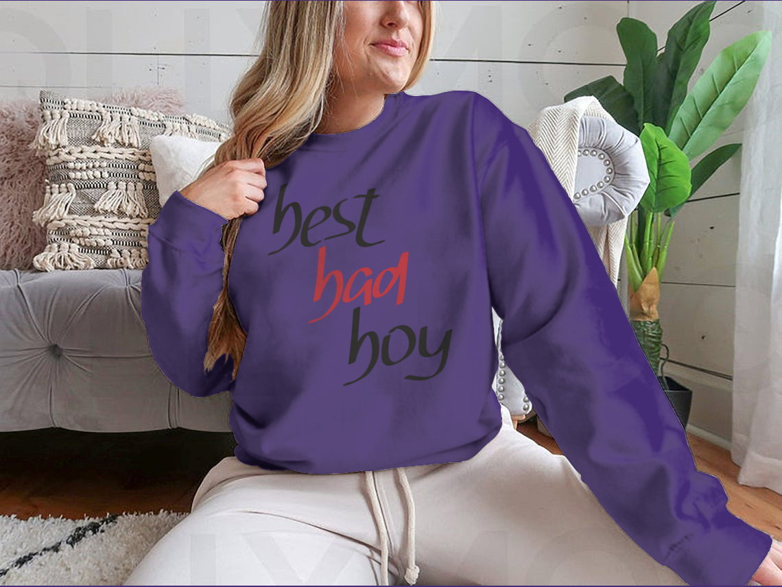 A stylish sweatshirt featuring a unique hand lettering design that reads 'Best Bad Boy', made from a comfortable cotton/polyester blend.