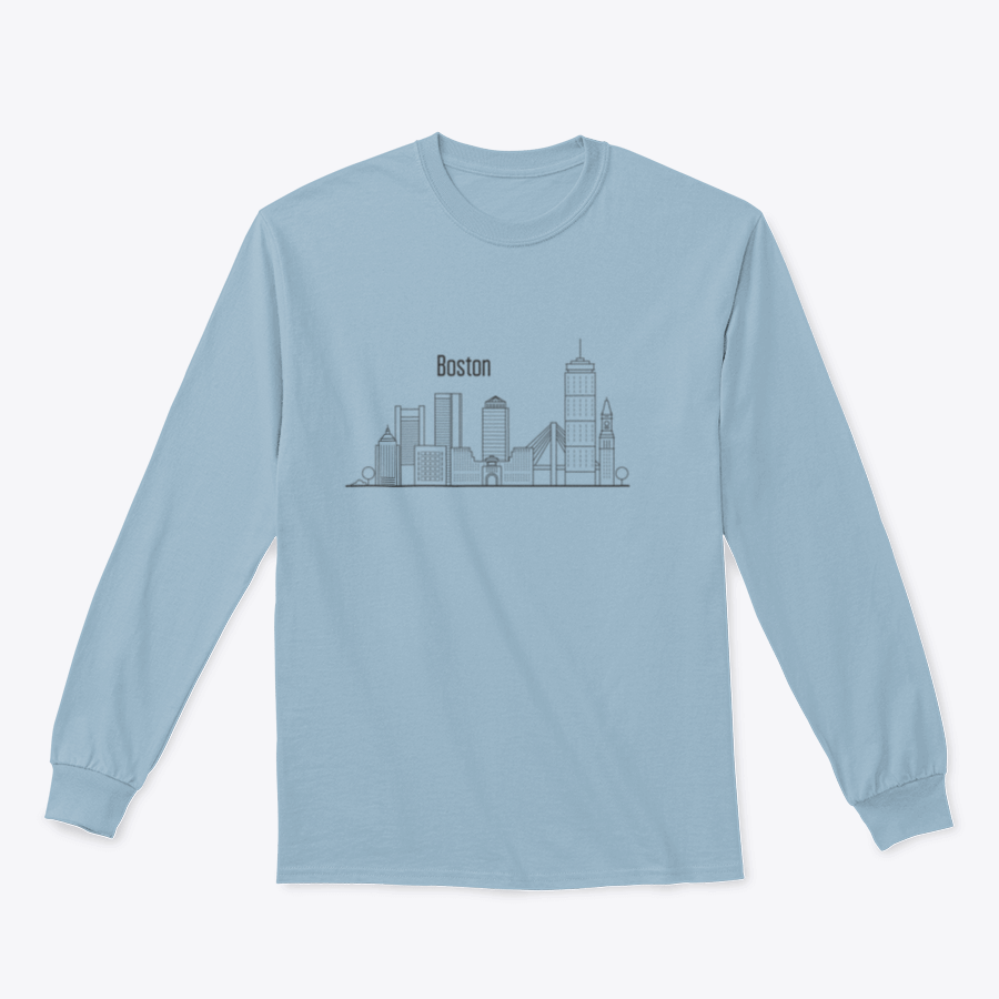 A stylish sweatshirt featuring the Boston city skyline design, showcasing downtown buildings against a soft fabric background.