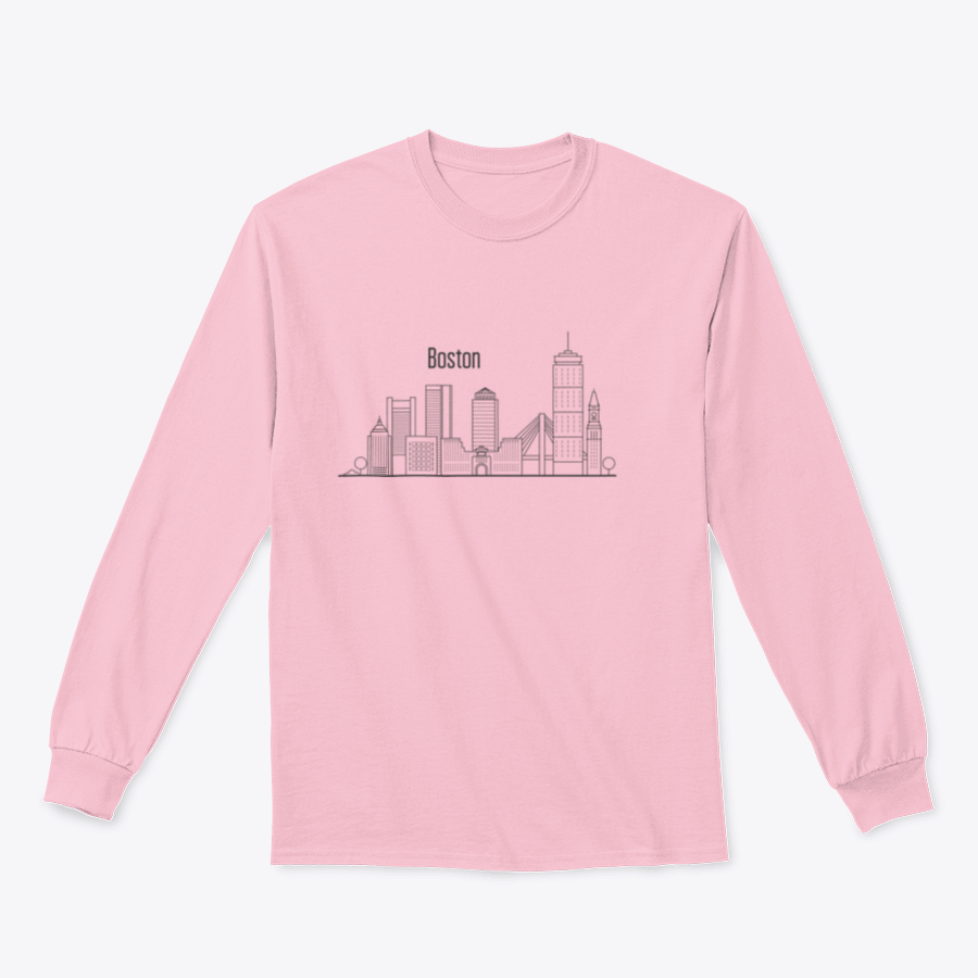 A stylish sweatshirt featuring the Boston city skyline design, showcasing downtown buildings against a soft fabric background.