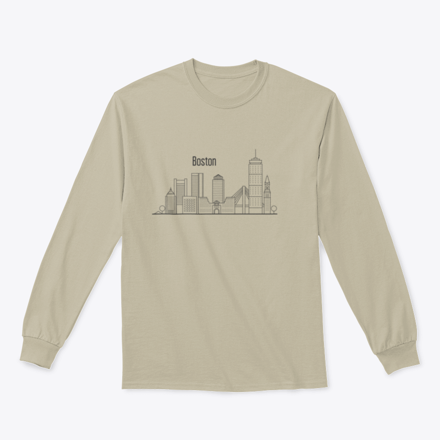 A stylish sweatshirt featuring the Boston city skyline design, showcasing downtown buildings against a soft fabric background.