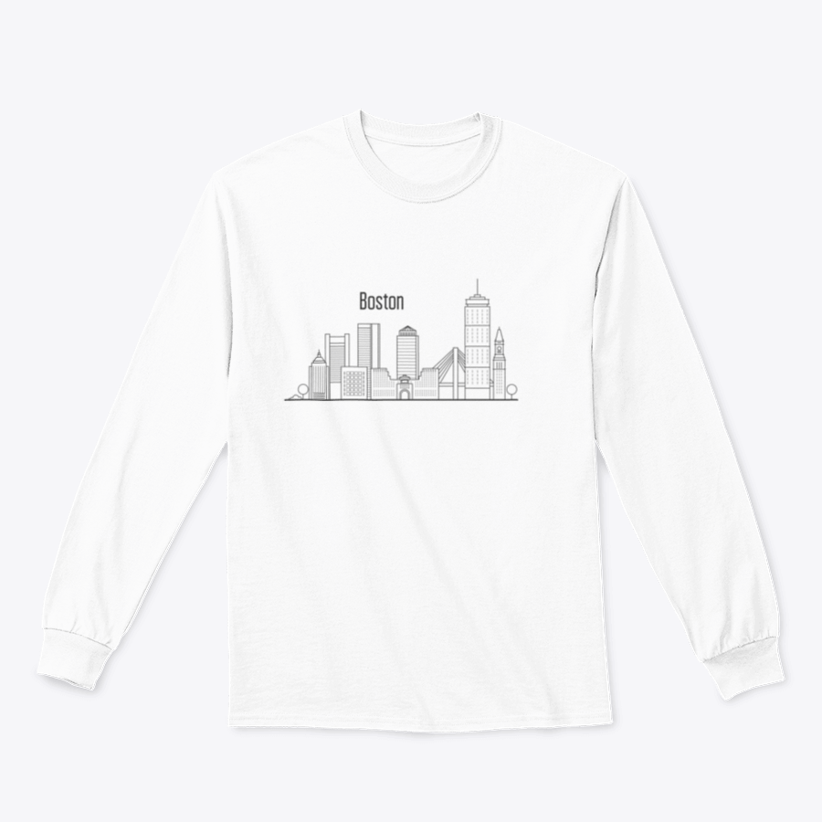 A stylish sweatshirt featuring the Boston city skyline design, showcasing downtown buildings against a soft fabric background.