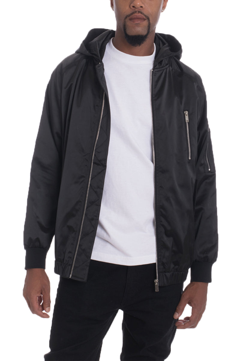 Bourne Hooded Satin Windbreaker featuring a sleek design, full zip front, and utility pockets on the arm and chest.