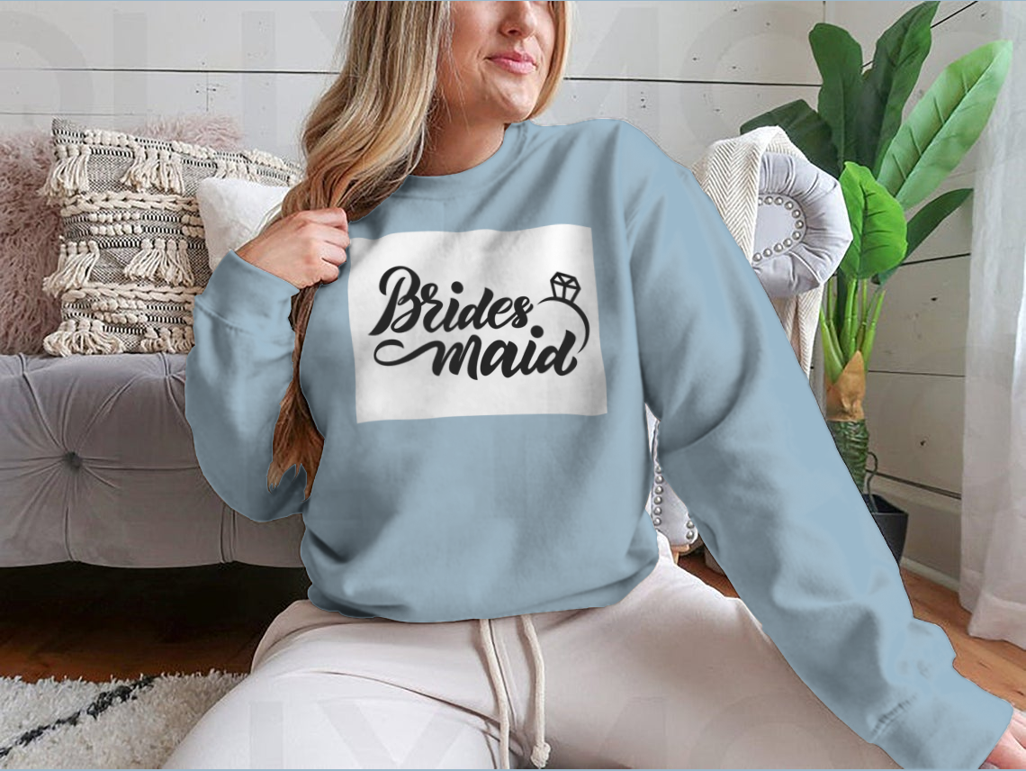 Bridesmaid sweatshirt featuring hand lettering design with wedding ring motif, perfect for bridal parties.