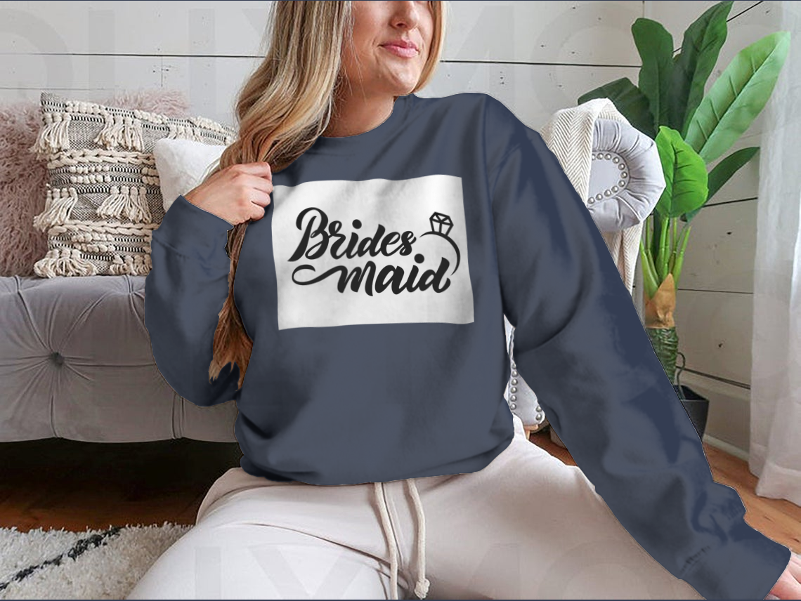 Bridesmaid sweatshirt featuring hand lettering design with wedding ring motif, perfect for bridal parties.