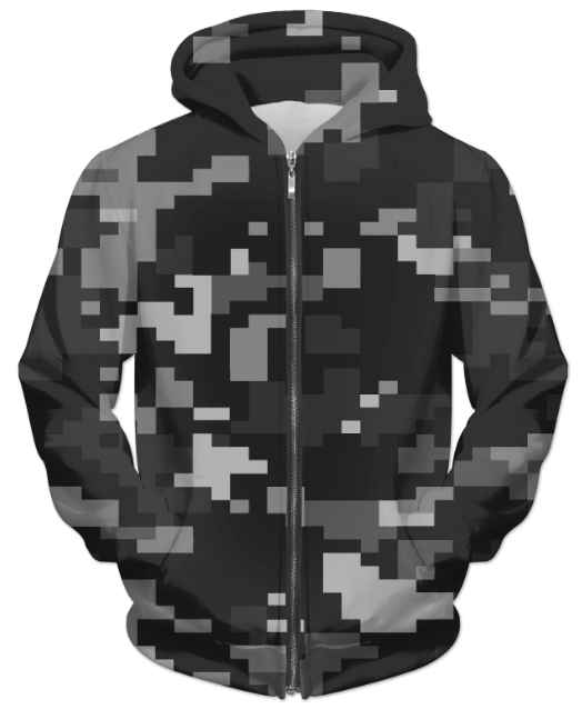 Camofludge 10 Unisex Zip Hoodie featuring vibrant full-color print and soft polyester fabric.