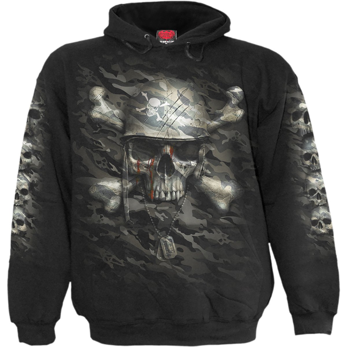 CAMO-SKULL Hoody Black featuring camouflage patterns and a detailed skull design, made from 100% cotton fleece.