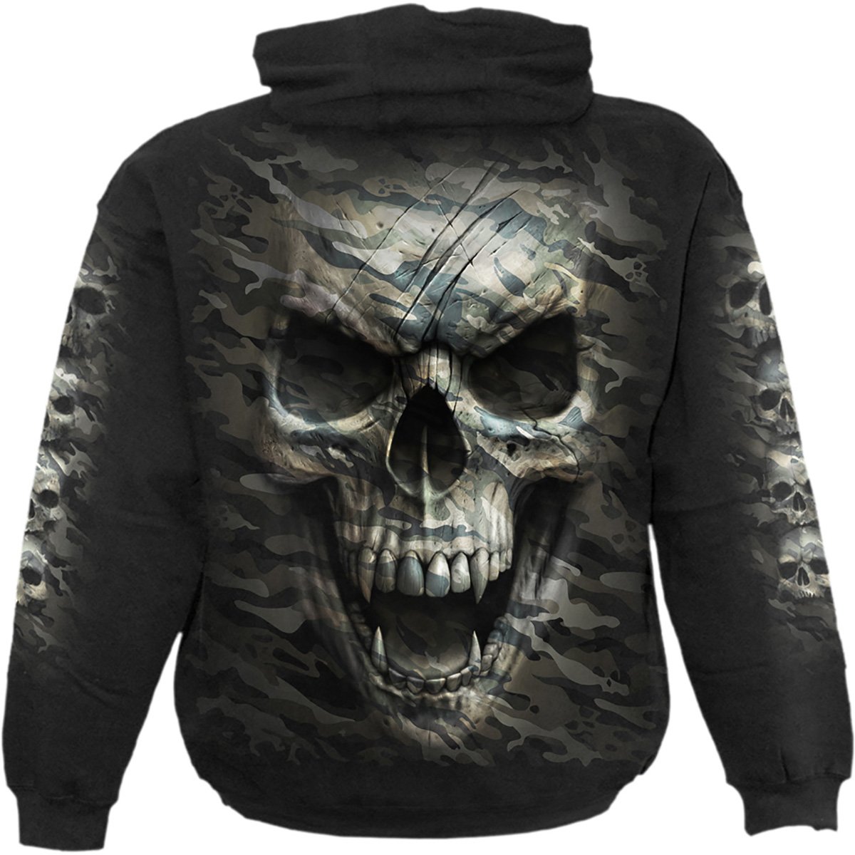 CAMO-SKULL Hoody Black featuring camouflage patterns and a detailed skull design, made from 100% cotton fleece.