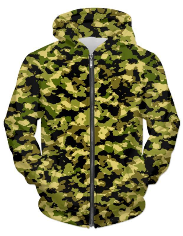 A stylish Camouflage Unisex Zip Hoodie featuring vibrant colors and a soft texture, perfect for casual wear.