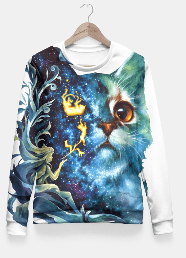 A stylish cat .4 Fitted Waist Sweater featuring vibrant all-over prints including galaxy, marijuana, and emojis, showcasing its unique design and quality fabric.