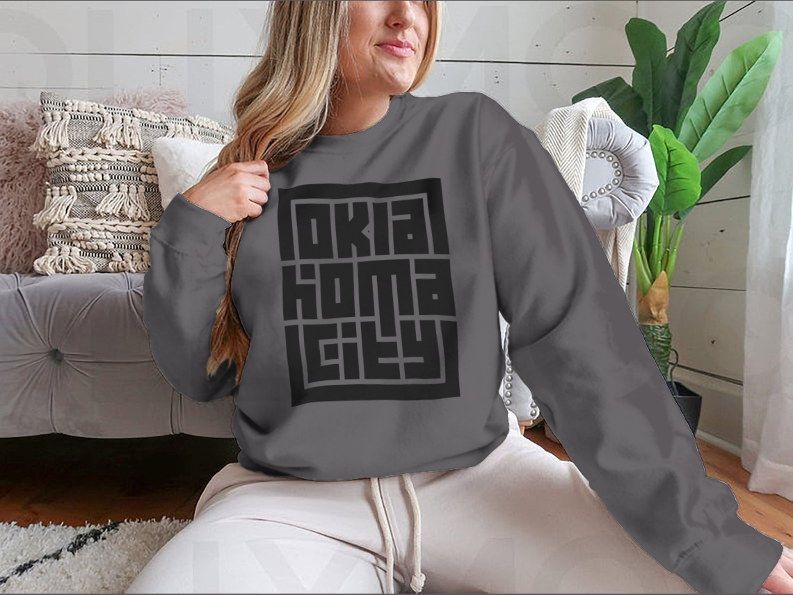 Customized Oklahoma City Calligraphy Logo Sweatshirt in Sport Grey, showcasing a stylish design and comfortable fit.