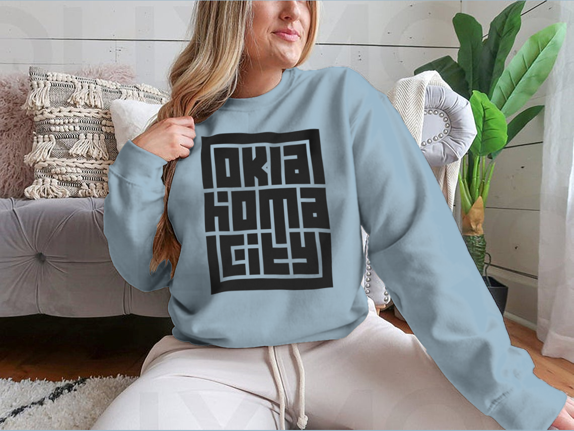 Customized Oklahoma City Calligraphy Logo Sweatshirt in Sport Grey, showcasing a stylish design and comfortable fit.