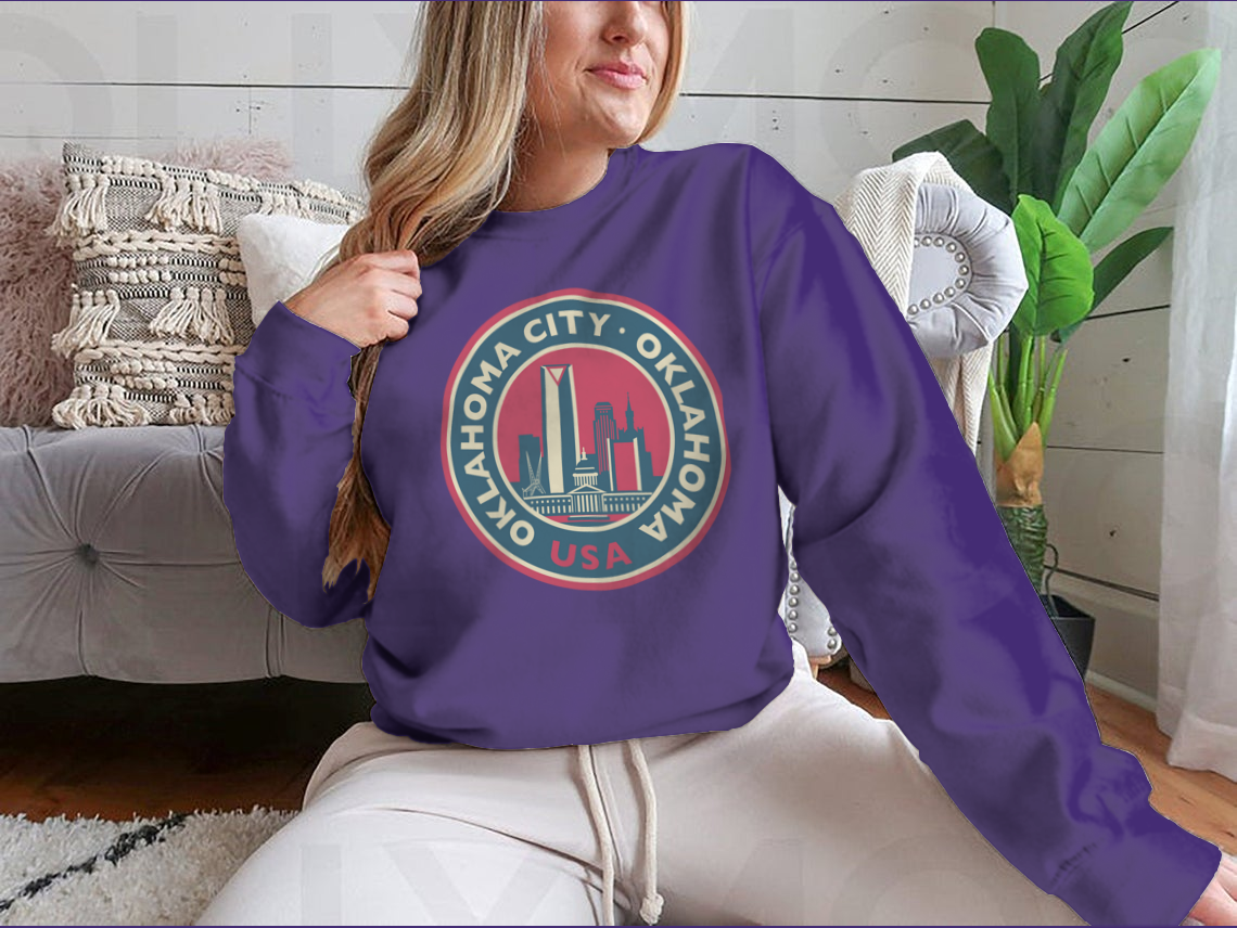 Customized Oklahoma City Round Skyline Sweatshirt showcasing a unique skyline design, made from soft cotton fabric.