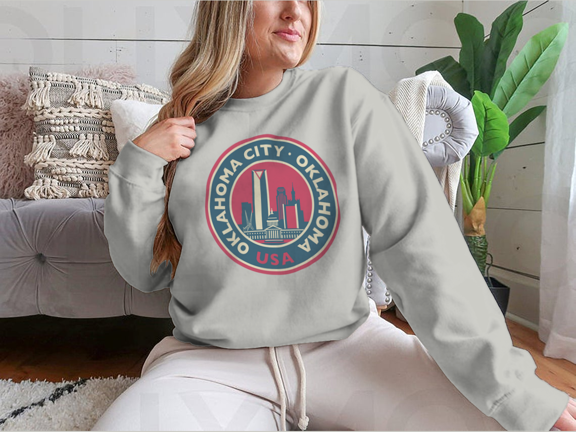 Customized Oklahoma City Round Skyline Sweatshirt showcasing a unique skyline design, made from soft cotton fabric.