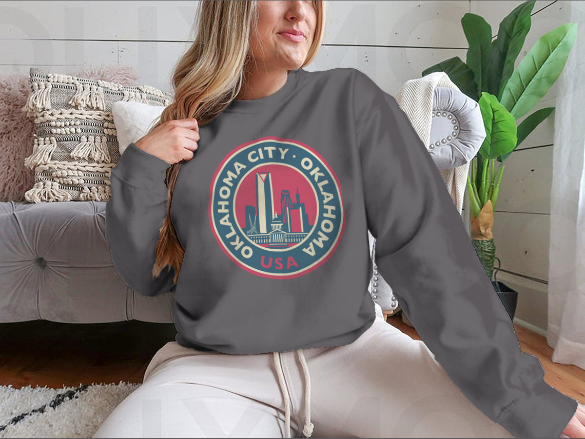 Customized Oklahoma City Round Skyline Sweatshirt showcasing a unique skyline design, made from soft cotton fabric.