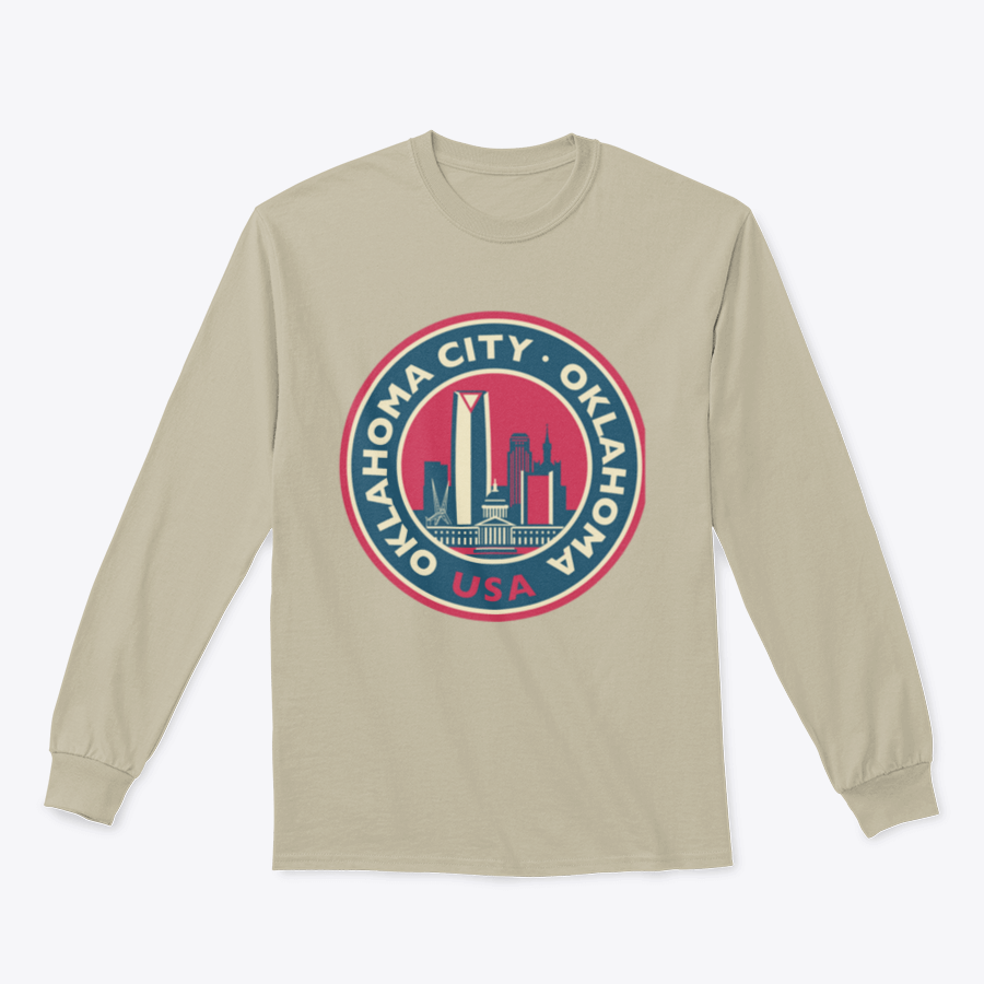 Customized Oklahoma City Round Skyline Sweatshirt showcasing a unique skyline design, made from soft cotton fabric.